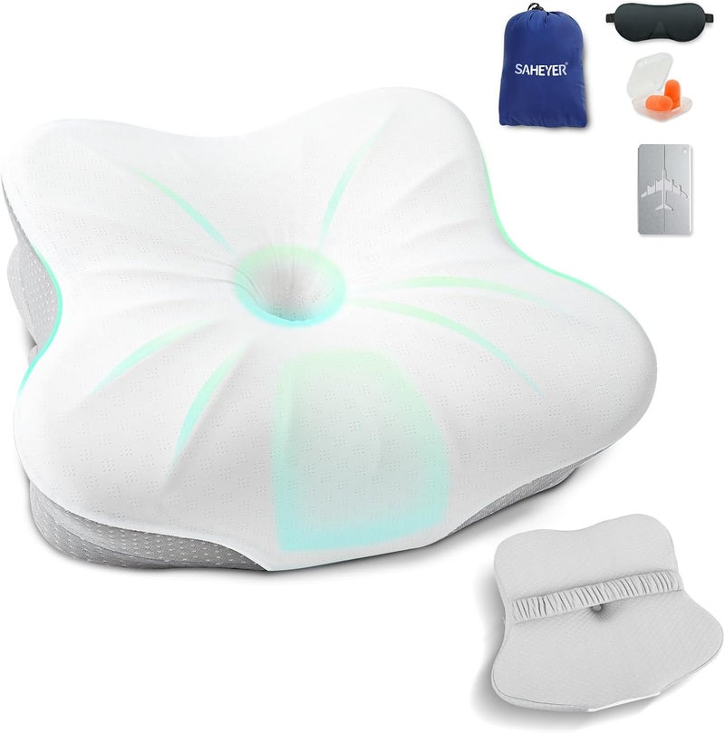 SAHEYER Memory Foam Travel Cervical Pillow, Small Camping Pillows for Sleeping with Strap, Neck Support Camping Gear Accessories - Travel Essentials for Sleeping, Backpacking, Hammock, Gray - Image 1
